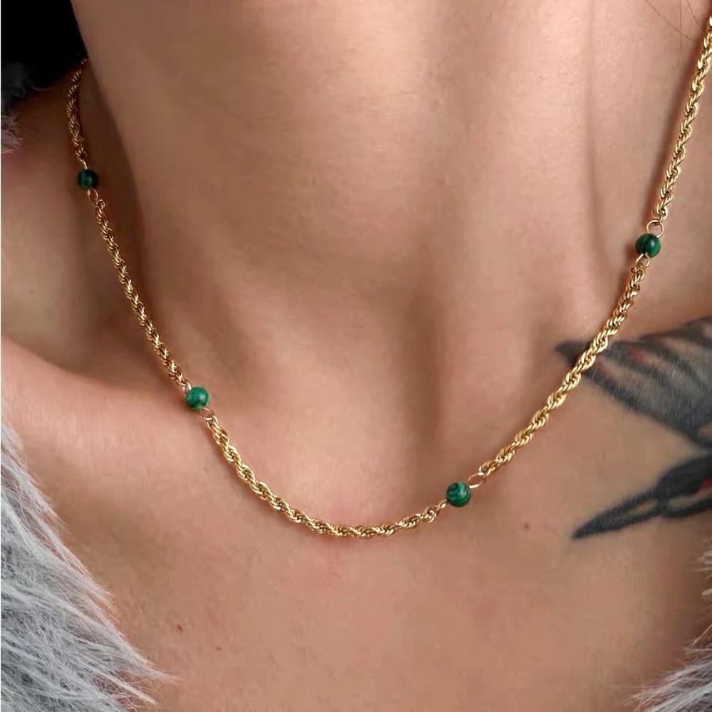 18K Gold Plated Malachite 3mm Rope Chain Necklace*Satellite beaded waterproof*JD